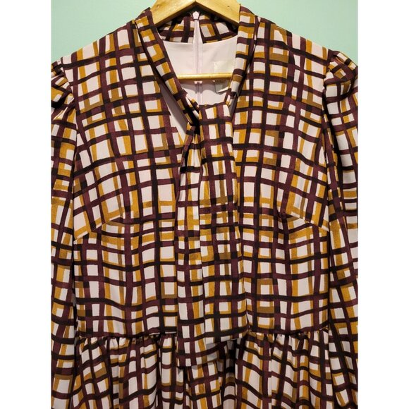 Gal Meets Glam Lindsey Windowpane Tie Neck Dress Purple Tan Sz 6 Office - Picture 3 of 9